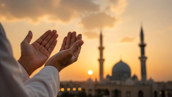 Hands raised in dua for love marriage problem solution during golden hour prayer