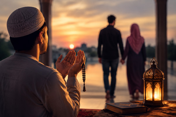 Muslim maulana praying with dua for love, reconciliation, and relationship healing while a couple walks together at sunset